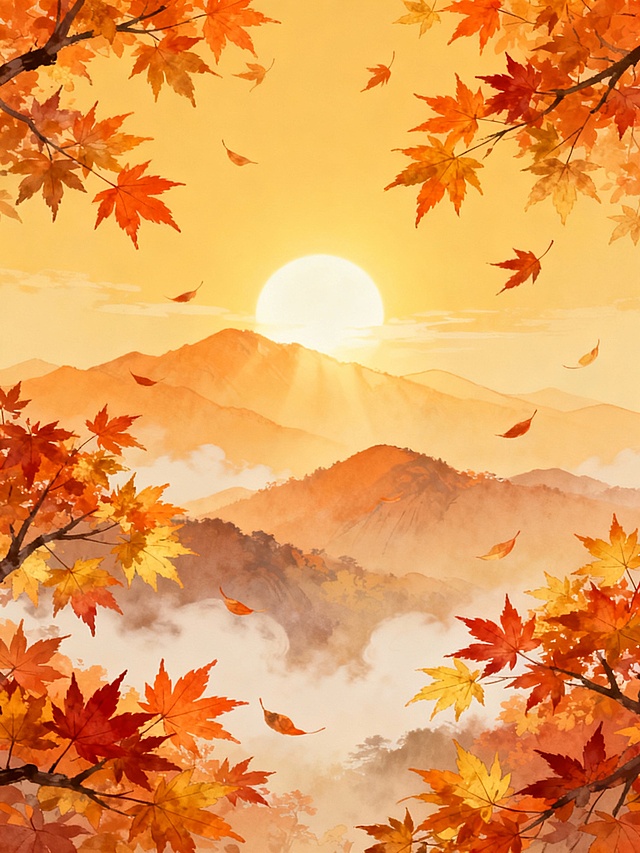 中国风插画风格，秋日山水意境，画面以橙黄色为主色调，温暖明亮的阳光高挂天际，光线柔和地洒在层叠起伏的远山轮廓上，山间云雾缭绕，呈现出朦胧的层次感。前景和两侧是枝繁叶茂的枫树，枫叶呈现出橙红、金黄的渐变色彩，部分叶片随风飘落，在空中轻盈飞舞。整体构图采用对称式布局，营造出宁静悠远、秋意盎然的氛围，笔触细腻平滑，色彩过渡自然，充满诗意的东方美学韵味。