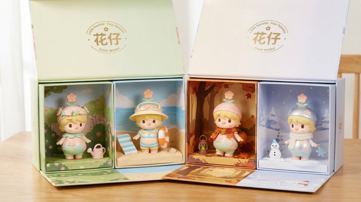 基于图中的花与四季潮玩模型，设计潮玩周边礼品礼盒包装，盒子为打开展开的样式，保留原模型中四个角色的发型与衣服不变，可以添加相关配饰，礼盒上带有品牌英文logo"Little Sweetie · Fou预览效果