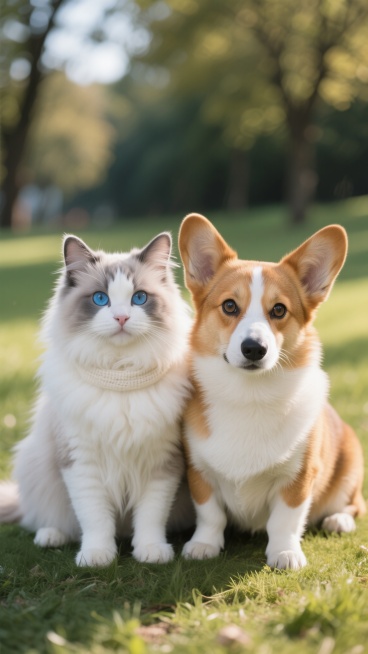 超写实风格摄影，一只蓝眼睛的灰白长毛布偶猫与一只棕白相间的柯基犬亲密并排坐在一起，猫在左侧，狗在右侧，两者体型比例协调，姿态自然放松，眼神清澈无辜，毛发纹理清晰可见，布偶猫蓬松的围脖和柯基犬光滑的短毛质感分明，户外阳光下的自然环境，柔和的侧光勾勒出动物轮廓，背景为模糊的绿色草地和树木，营造温馨和谐的氛围，高清晰度，细节丰富，真实的光影效果，温暖的色调，动物面部表情生动可爱，整体画面聚焦于猫狗主……预览效果