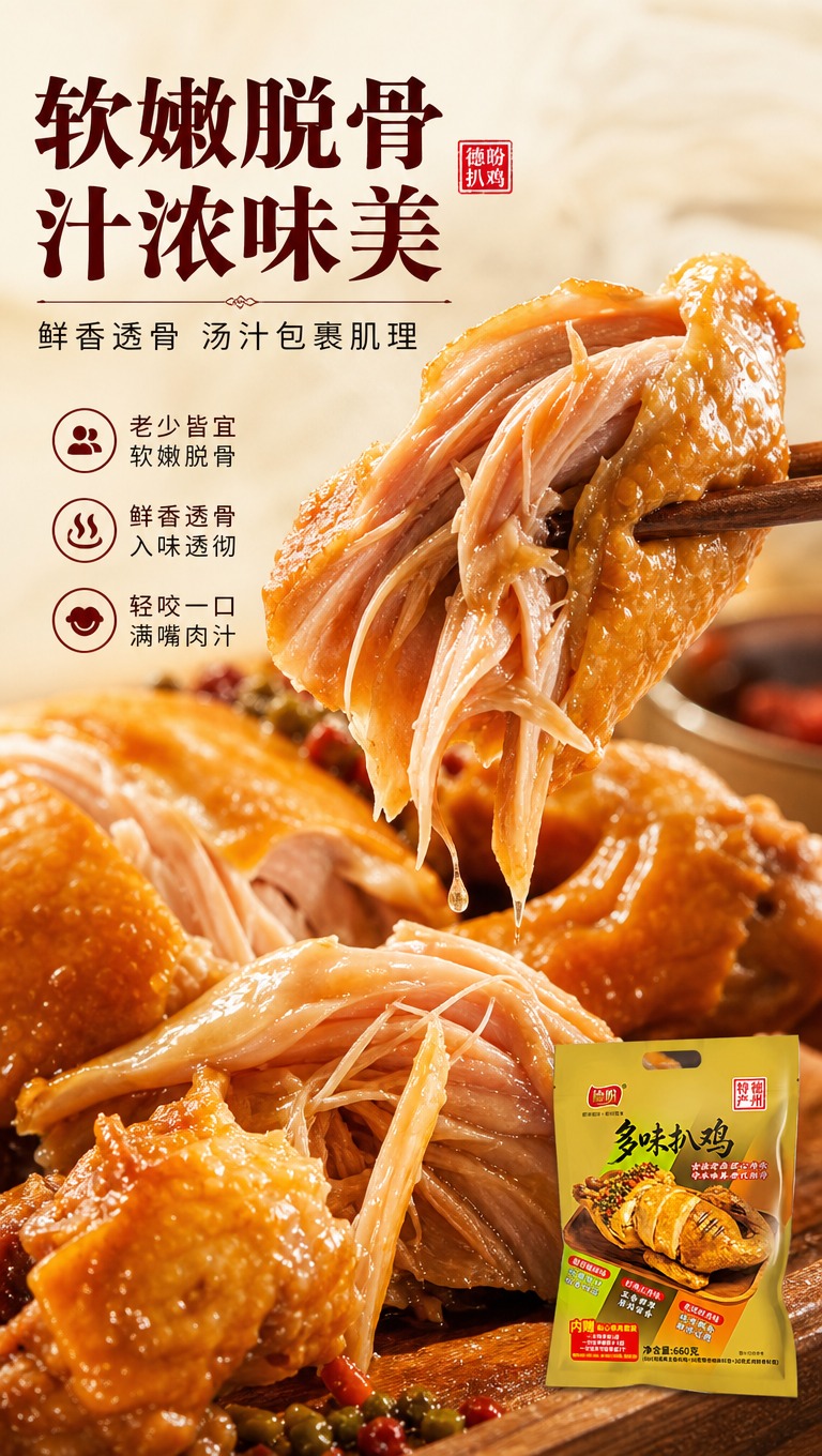 [商品] 使用【图1】德盼多味扒鸡金色包装袋小尺寸露出于角落；… - 图片创意预览
