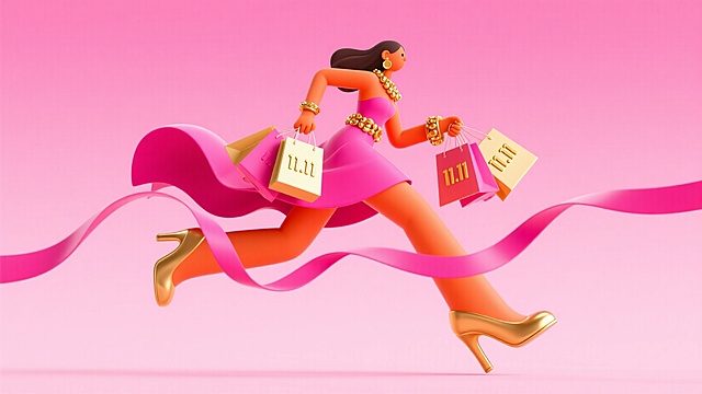 时尚的女人提着一大堆购物袋向前大步奔跑。购物袋细节：商品从购物袋溢出来，购物袋子上印着”11.11“。人物细节：身上挂满金饰，拖尾裙。金色丝带在周围环绕贯穿画面，粉色背景