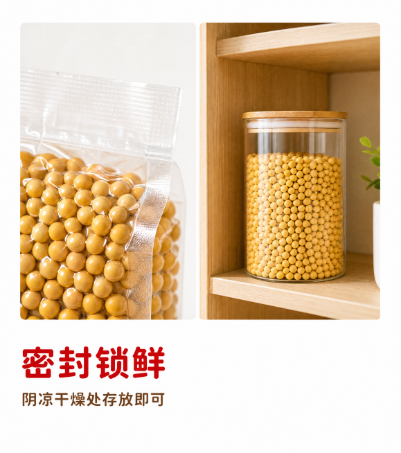 [第12屏] 庄舞河东北黄豆包装储存说明展示图。
[氛围/风格] 简约产品说明风格，清晰直观，干净明亮。
[元素布局] 浅白色背景，采用左右分栏结构，左侧展示真空包装黄豆的封口特写，清晰展示密封包装的预览效果