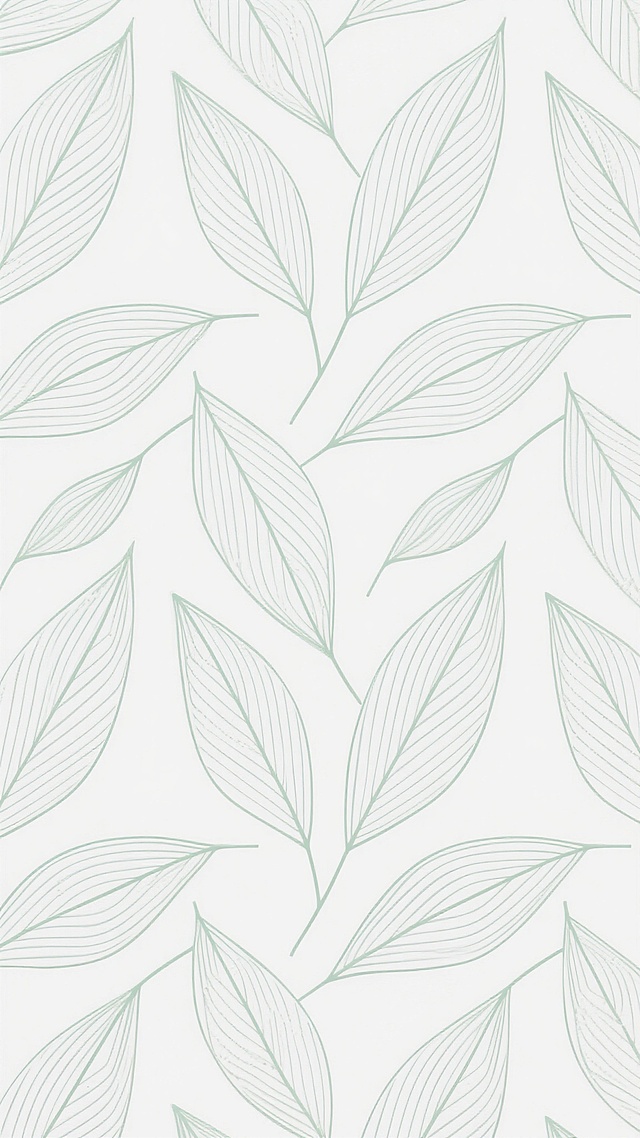 极简主义风格线条背景，以白色为基底，由纤细均匀的浅绿色线条构成抽象几何图案。主体为大小不一、方向交错的柳叶状形态，每个叶片内部填充平行排列的细密线条，线条间距均等，走向与叶片轮廓一致。整体图案呈现无缝循环的对称式构图，线条流畅连续，无明显笔触痕迹，具有现代简约的设计感，视觉上形成轻盈、有序且富有韵律的动态平衡效果，营造出冷静、清新、专业的氛围。