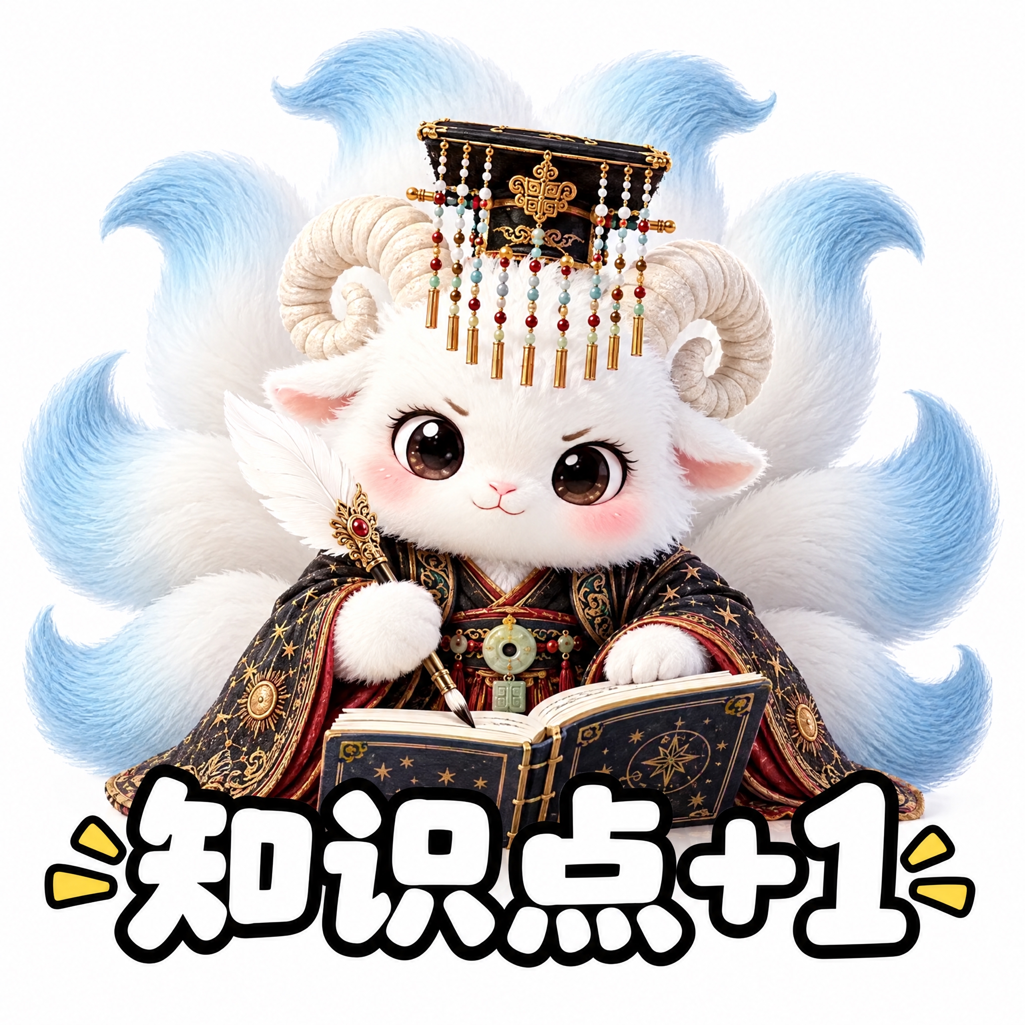 参考图中的白色九尾羊神兽（穿星象汉服、戴冕旒冠），做成可爱表情… - 图片创意预览