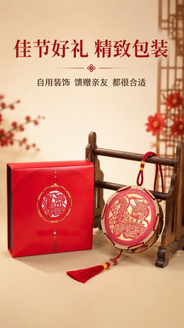 [第5屏] 包装展示-福寿剪纸灯原装礼盒展示。本屏使用【图4】展示产品与礼盒。
[氛围/风格] 礼赠场景展示，大气喜庆，突出高端礼盒质感，商业摄影质感。
[元素布局] 红色礼盒立于左侧，福寿剪纸灯斜靠预览效果