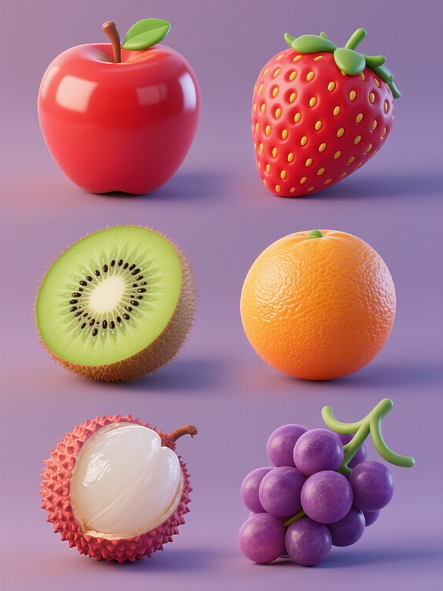 软3D风格水果系列素材集合，纯色背景，画面整体色彩变换，保持元素类目，同风格、同类目6个完全不同元素内容，规整排布。包含：一个完整的红苹果，表面光滑有光泽，带有一片绿色叶子；一颗鲜红的草莓，表面布满黄色的小点，顶部有绿色的叶子；一个切开的猕猴桃，绿色的果肉中分布着黑色的种子；一颗剥开外壳的荔枝，露出白色半透明的果肉；一个完整的橙子，表面有明显的纹理；一串紫色的葡萄，颗粒饱满，带有绿色的藤蔓。所有水果均采用软3D质感，光影柔和，色彩鲜明，整体布局规整对称。
