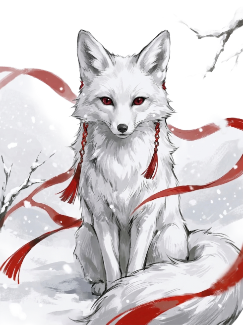 保持原参考图片的水墨漫画风格，生成一只洁白的狐狸，雪地场景，红飘带点缀，保持原画风的笔触和灰红配色预览效果