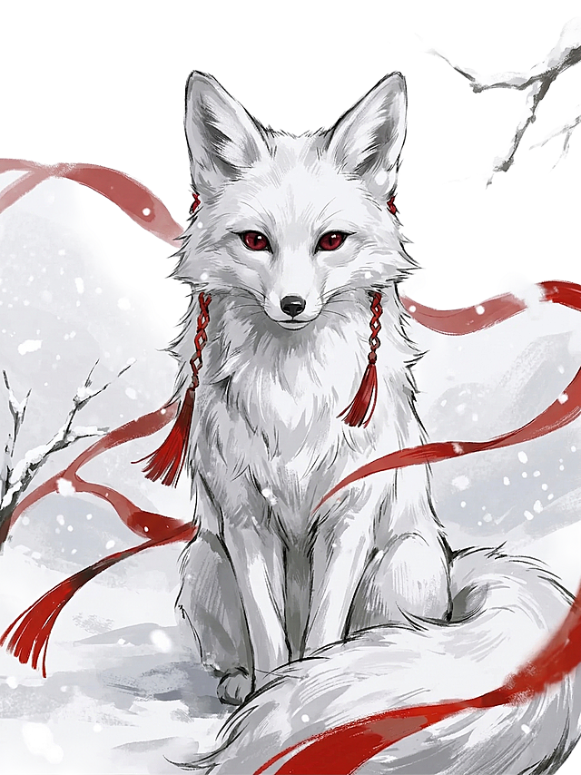 保持原参考图片的水墨漫画风格，生成一只洁白的狐狸，雪地场景，红飘带点缀，保持原画风的笔触和灰红配色
