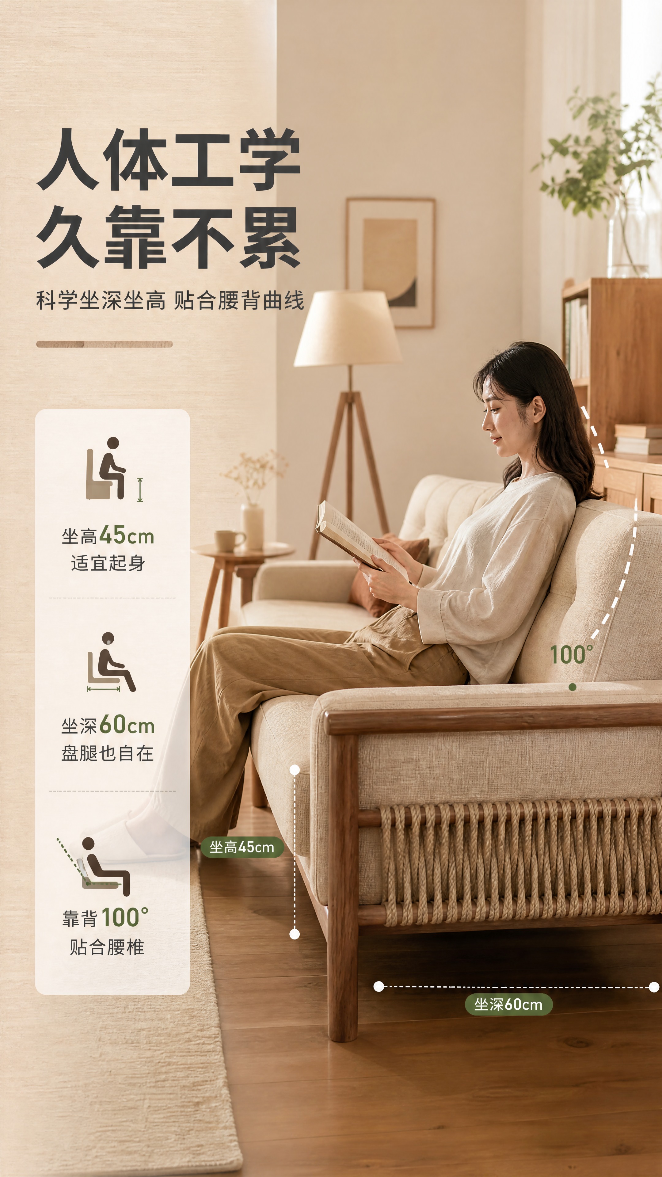 [商品] 使用【图1】三人位布艺沙发；保留白蜡木实木框架、米色… - 图片创意预览