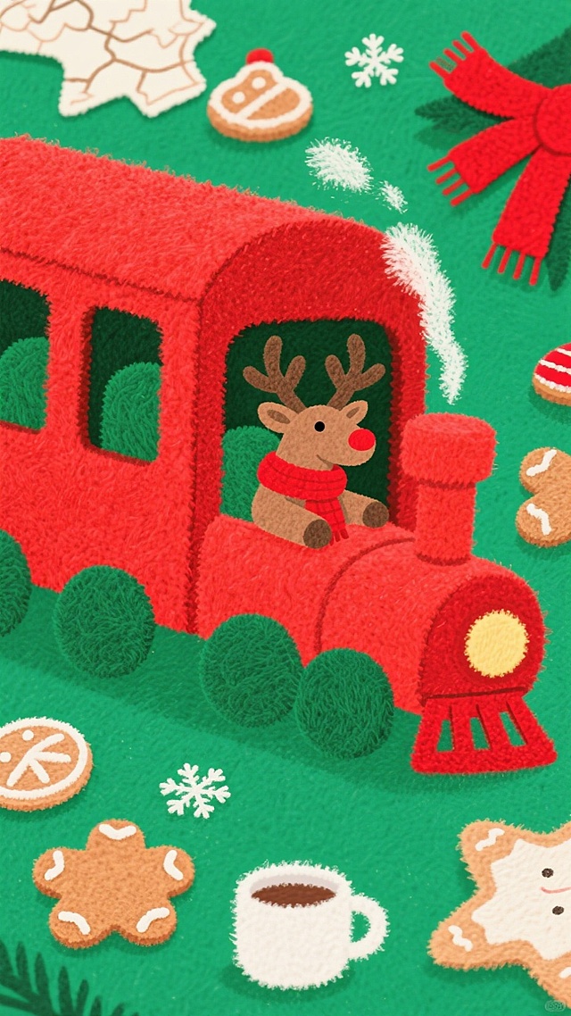 毛茸茸的圣诞小火车载着戴围巾的驯鹿，穿梭于姜饼与雪花之间，插画风+拼贴感营造出温馨可爱的节日氛围。