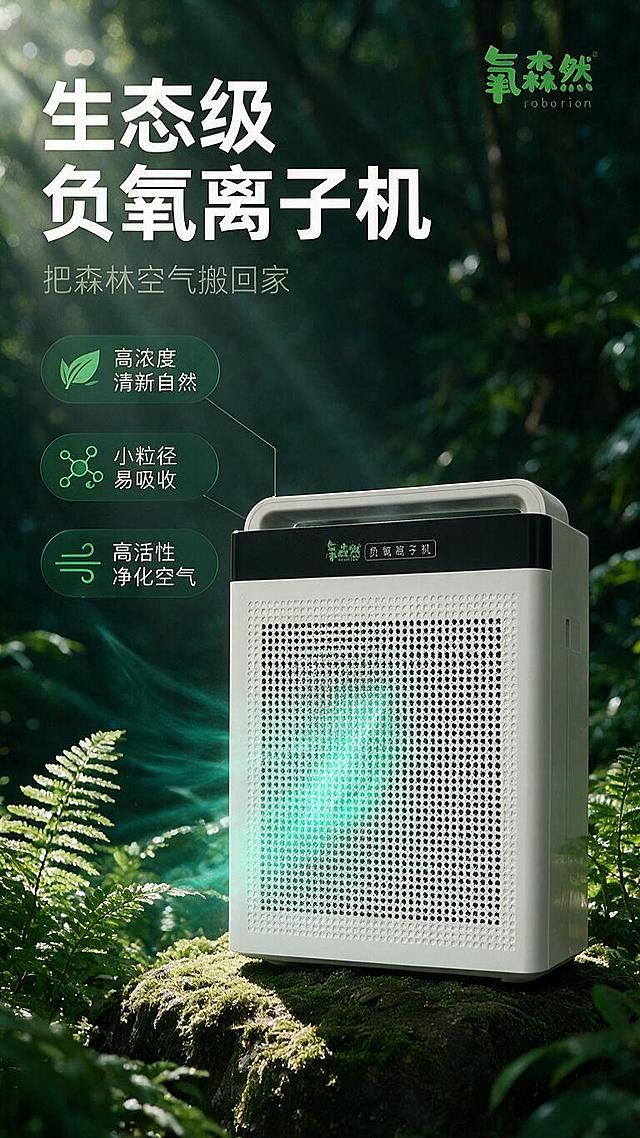 [商品] 使用【图1】氧森然负氧离子机；保留白色方形机身、顶部黑色面板、"氧森然 roborion"绿色Logo、"负氧离子机"白色字样、顶部提手、正面密集网格出风网孔结构、整体比例和材质；真实功能方向为从正面网格释放负氧离子。
[画面] 页面目标：首屏头图，营造森林级空气疗愈感，突出生态级负氧离子核心卖点。构图：左上文下图，产品占画面55%，放置在画面中下部森林苔藓岩石上，负氧离子光效从正面网格向上升腾扩散；前景蕨类植物叶片，中景产品与岩石，后景虚化深林阳光丁达尔效应穿透树林。阅读动线：左上标题→中部产品→底部短卖点。
[视觉] 套系策略：风格=森林自然+科技健康家电商业摄影；标题字=现代无衬线粗黑体；正文字=简洁无衬线体；主色=深墨绿/森林绿；背景延展=基于深墨绿做深浅层级、同色渐变和森林自然光影质感；强调色=荧光薄荷绿，仅用于小面积图标、负氧离子光效和标签；标题色=白色；正文色=浅灰绿；组件=圆角半透明信息卡、细线引线、负氧离子分子图标；光影=左上侧自然光+产品正面补光。
[文字] 左上主标题"生态级负氧离子机"，副标题"把森林空气搬回家"，下方3个短卖点胶囊："高浓度 清新自然""小粒径 易吸收""高活性 净化空气"，文字不遮挡产品主体和Logo。右上角放品牌名"氧森然 roborion"。
[规格] 图片比例9:16竖版，1K分辨率，避免变形、错字、文字过小、冷蓝/蓝灰背景、产品颜色改变、结构失真、极限词。