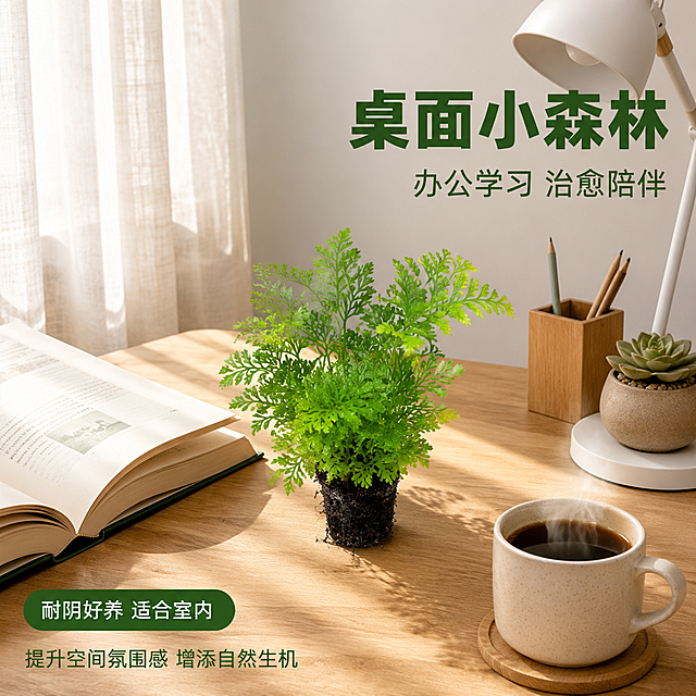[主图-3] 狼尾蕨桌面摆放场景图。
[氛围风格] 温馨治愈 居家办公风 自然清新；
[画质] 商业摄影质感 光线柔和通透 产品清晰真实 画面干净高级。
[元素] 狼尾蕨微观造景盆栽放置在简约的原木书桌上，作为桌面绿植展示；书桌左侧有一本打开的精装书，右侧有一盏极简白色台灯和一杯冒着热气的咖啡，背景是浅色的墙面和半透的亚麻窗帘，阳光透过窗帘洒在桌面上，营造温馨的居家办公或学习氛围；书桌一角还有小型的多肉植物和木质笔筒作为点缀，整体空间简约舒适。保持狼尾蕨产品外观（即植株形态、叶片颜色、盆栽样式）与输入产品图一致，杜绝任何变形和色差，精细化处理，产品与桌面有自然的接触阴影。商品主体占比约50%，场景丰富但主体突出。
[光影] 午后自然光从左侧窗户透过纱帘洒入，形成柔和的漫射光，桌面有温暖的光斑，产品受光均匀，阴影柔和自然，整体色调温暖治愈，光比舒适。
[配色] 主色原木色 蕨叶绿；辅色米白 暖黄 浅棕。
[视角构图] 45度俯视视角，桌面场景完整呈现，产品位于画面黄金分割点，前中后景层次分明，景深中等。
[文字版式] 右上负空间右对齐，主标题"桌面小森林"深绿色粗体大号无衬线；副标题"办公学习 治愈陪伴"稍小同色系；左下角绿色圆角标签"耐阴好养 适合室内"白字；底部左侧小字"提升空间氛围感 增添自然生机"。
[输出要求] 1:1比例 文字清晰锐利 超高清商业摄影质感。
[负向提示词] 变形 文字错乱 产品模糊 背景杂乱 水印 电商平台Logo。