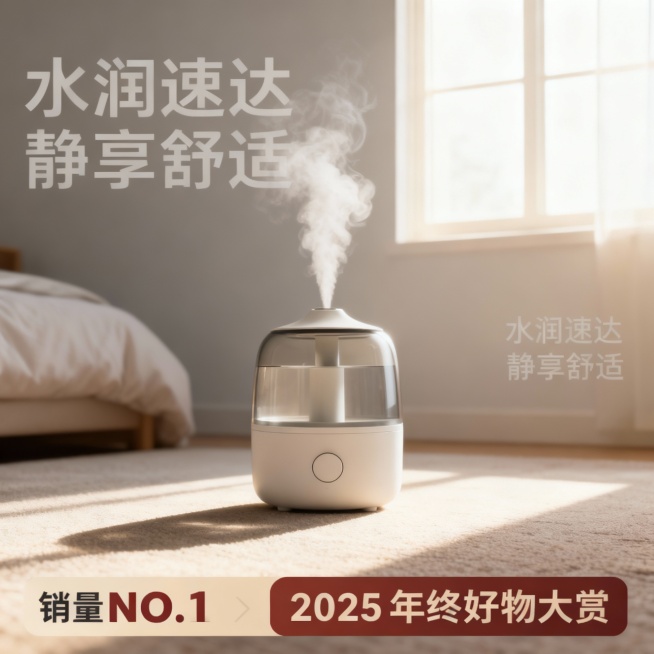 加湿器被放置在卧室地上，温暖自然的自然打光。商品卖点“水润速达 静享舒适”艺术字小展示。底部日式muji风配色文本框信息展示“销量 NO.1”“2025 年终好物大赏”。预览效果