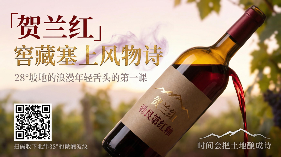 晨光漫过宁夏贺兰山的葡萄园坡地，雾粉与香槟金交织成柔焦滤镜，藤蔓在光晕中凝成半透的琥珀色酒瓶，深宝石红酒液如丝绸垂坠，红酒瓶向右倾斜。主标题悬浮于瓶口左侧:第一行「贺兰红」用大字报风，简洁大气易辨，秀预览效果