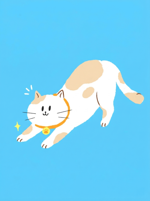 参考参考图的可爱简约手绘插画风格，绘制一只白色带浅橘色斑纹的小猫，戴着黄色项圈金色铃铛，是伸懒腰姿态的小猫素材，保持简约可爱的手绘插画风格，干净背景可用于素材使用预览效果
