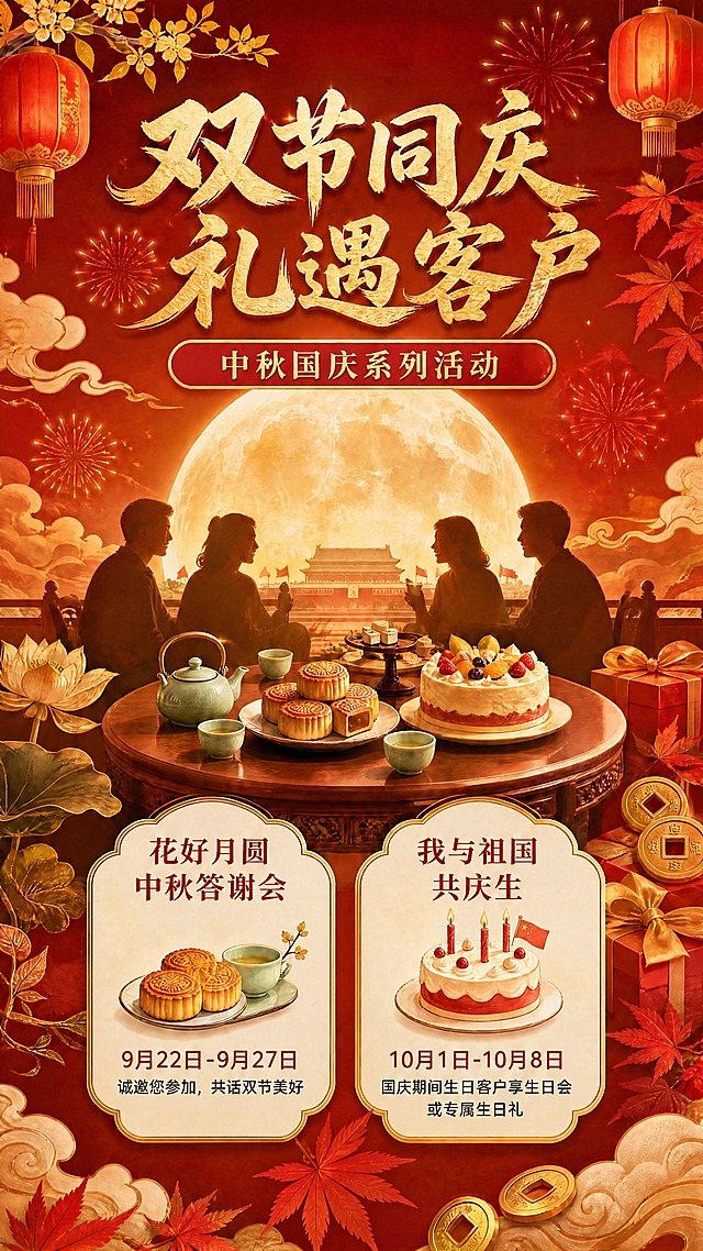 删除画面底部中央的红色二维码占位方块及其内部的"二维码占位"文字，用周围的祥云、红枫叶、金色钱币等背景元素自然填充该区域，其余所有画面元素、文字、构图、风格均保持不变。