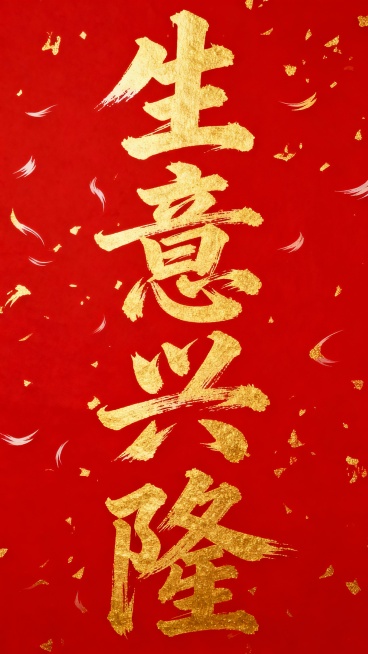 中国传统书法风格，红色纯色背景，金色洒金纹理点缀，金色毛笔书法字体书写“生意兴隆”四个大字，字体笔画粗细变化自然，带有飞白效果，整体呈现喜庆、吉祥的氛围，文字排列为竖版居中布局，书法笔触饱满有力，具有传统节日装饰感。预览效果