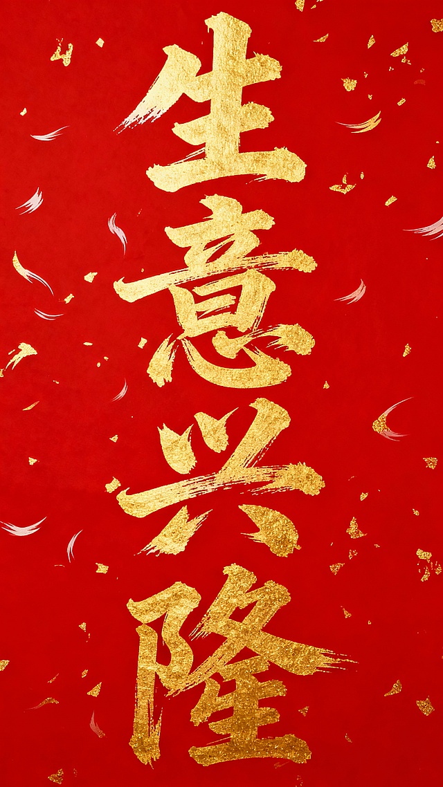 中国传统书法风格，红色纯色背景，金色洒金纹理点缀，金色毛笔书法字体书写“生意兴隆”四个大字，字体笔画粗细变化自然，带有飞白效果，整体呈现喜庆、吉祥的氛围，文字排列为竖版居中布局，书法笔触饱满有力，具有传统节日装饰感。