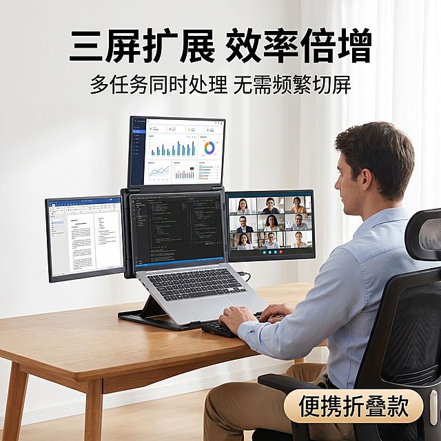 修改为正确的14寸单层三屏折叠便携扩展显示器，结构是中间主支架+顶部+左右三块翻折屏幕模块+折叠支撑脚，放置在木质办公桌面上，笔记本放在便携显示器前方贴合拼接，一位男性坐在笔记本前面，正在忙碌处理多屏任务，点亮所有四个屏幕（三屏便携+笔记本），每个屏幕显示不同的工作内容，保留原图标题文字：'三屏扩展 效率倍增' '多任务同时处理 无需频繁切屏' '便携折叠款'和位置不变，风格为真实办公场景，商业摄影质感，光影自然通透，突出产品正确结构和多屏工作高效感，1:1比例，2K分辨率。负向提示词：错误支架结构，非三屏设计，产品变形，文字遮挡主体，人物畸形