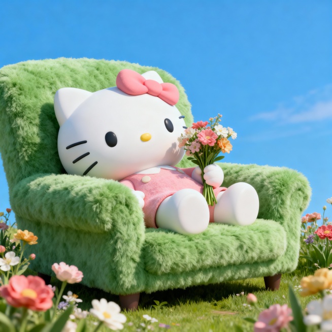 C4D风格，3D膨胀的hello Kitty，在毛绒质感绿色沙发上舒适地躺着，手里拿着一把鲜花，周围有毛绒质感的鲜花，色彩对比强烈又柔和，春日生机盎然氛围，色调干净清爽，背景是蓝色天空，极简构图与留白预览效果