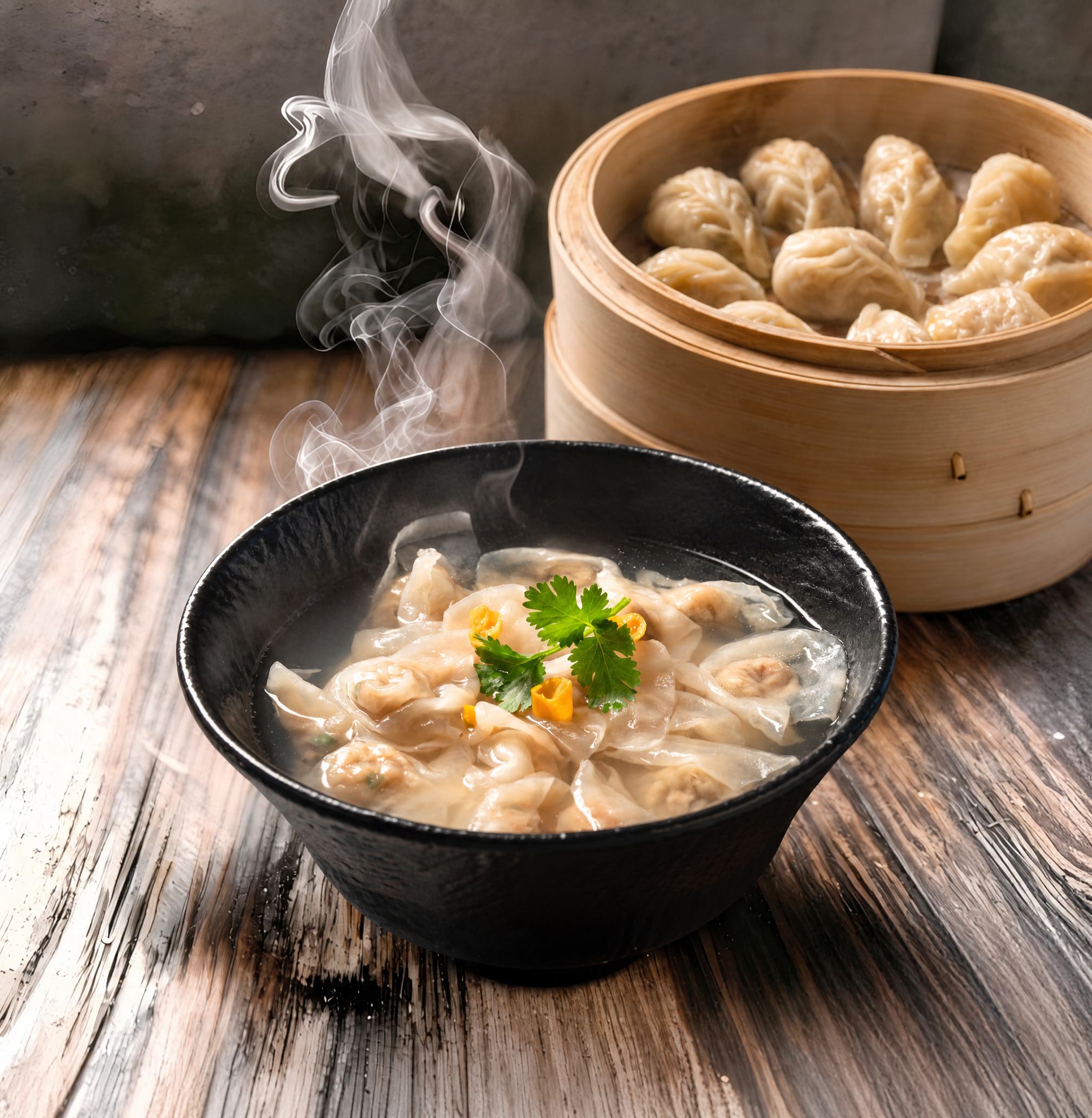 将图中前景的馄饨汤碗替换为image2中的肉燕汤（黑碗装的肉燕… - 图片创意预览