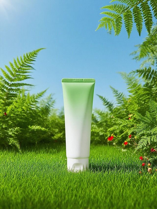 室外商业摄影。主体位于郁郁葱葱的绿色草地（维护的很好，短草）上。周围是有质感的叶子和蕨类植物、小红花，背景是清澈明亮的蓝天。宁静、生机勃勃的自然氛围，自然柔和的光影。