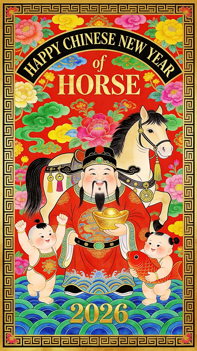 主体为财神爷（财神爷左手托金元宝，）。身后站着马匹（马具饰流苏及铜钱），两侧有两个福娃（左侧举臂欢呼；右侧怀抱红色锦鲤）。顶部弧形排列烫金质感的“HAPPY CHINESE NEW YEAR” “of”“HORSE”顺序排列，下方正中央为数字 “2026”。底部饰蓝绿色波浪纹样，画面四周设金色中式回纹边框，大红大绿的背景