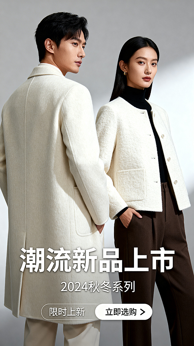服装电商店铺首页轮播海报，现代简约时尚风格，展示潮流男女服装新品，高端质感，干净大气适合轮播展示