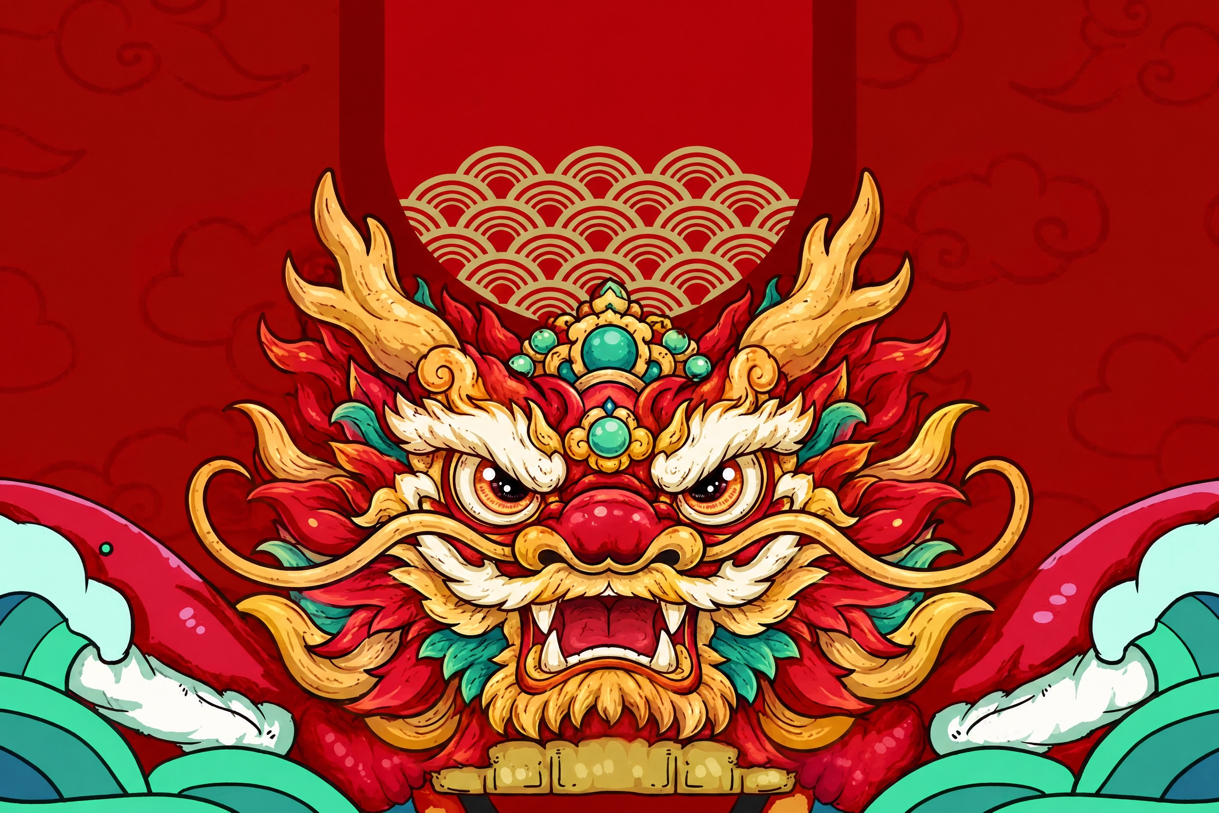 将画面中间的国潮醒狮头部替换为国潮龙头，保持国潮插画风格一致，… - 图片创意预览