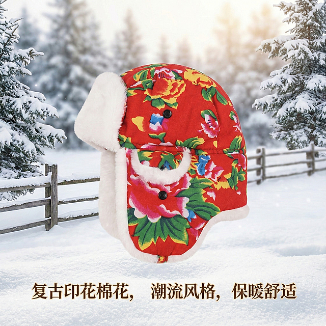 这是一款民族风大花雷锋帽，换个背景，要符合逻辑，不要太假，背景虚化，视觉中心是帽子，第一眼就要看到帽子，主次要分明，添加【复古印花棉花，潮流风格，保暖舒适】文字，帽子的颜色款式数量不要改变