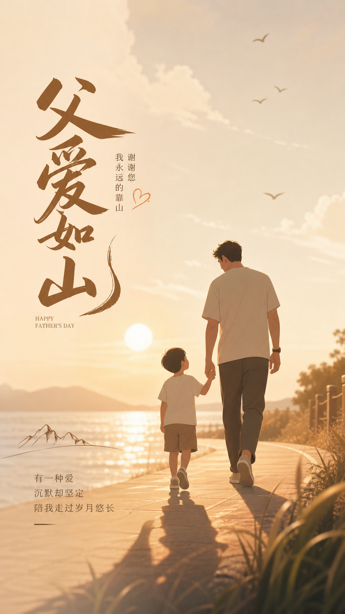 父亲节温馨宣传图，简约治愈风，浅棕暖色调，父子牵手散步在夕阳下… - 图片创意预览