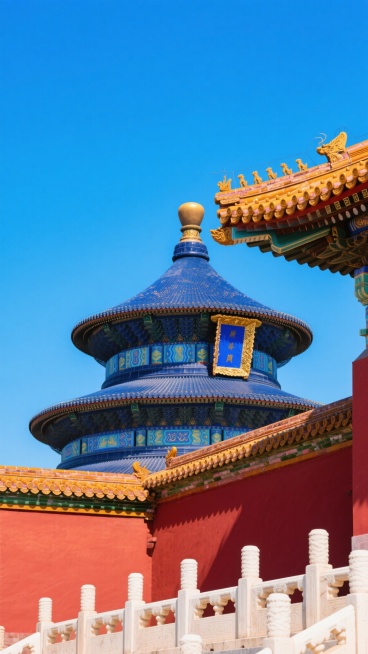 特写镜头，在一片澄澈无云的湛蓝天空下，超写实呈现故宫某角楼，那宏伟的蓝色琉璃瓦三重檐圆形攒尖顶熠熠生辉，金色宝顶在阳光下闪耀，朱红色墙体与蓝色屋顶对比鲜明，檐角精致金色龙纹及彩色琉璃瓦当细节毕现，前景汉白玉栏杆与红色宫墙清晰可见，整体色彩鲜艳饱满、光影清晰，尽显神圣肃穆且具干净现实风格的背景素材样态。预览效果