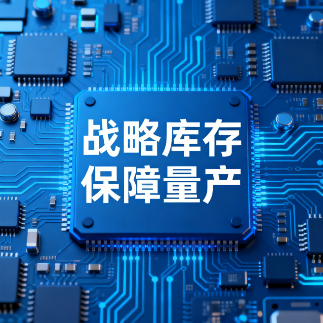 芯片行业百度竞价投放创意配图，科技风，蓝色主题，背景布满芯片电路元素，包含文案"战略库存 保障量产"，文字使用阿里巴巴普惠体，文字样式现代不老套，整体风格统一科技感预览效果