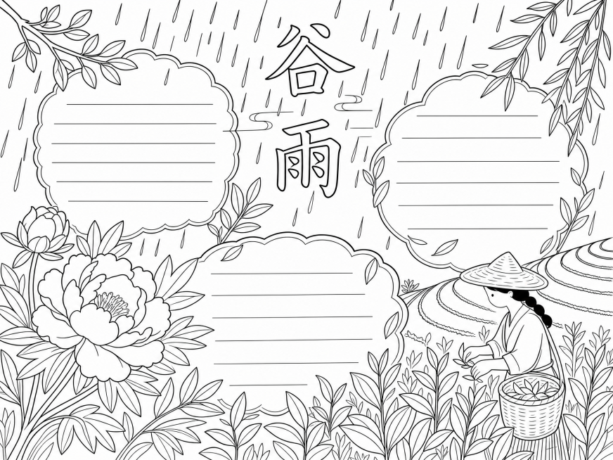 将这张手抄报转换为清晰黑色线描图，保留原构图轮廓，去除所有填充色彩，只留干净线条预览效果