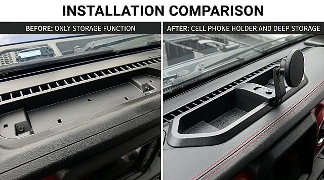 Installation Comparison 安装前后对比图
上方左侧为 Before Only Storage Function 仅储物功能，展示原始中控台。右侧为 After Cell Phone Holder and Deep Storage 增加手机支架与加深储物空间，展示升级后效果。使用用户提供的两张对比素材 https://gdesign-dam-hz.dancf.com/35871157494730882/c6058db4093047ac80b93650505ba756.png https://gdesign-dam-hz.dancf.com/35871157806157970/5c1a4cc8e6814c7aa095179a433fd68f.png，左右对比排版，标题放置在顶部，文字全部为英文。整体排版清晰专业，光影统一，符合亚马逊主图规范。