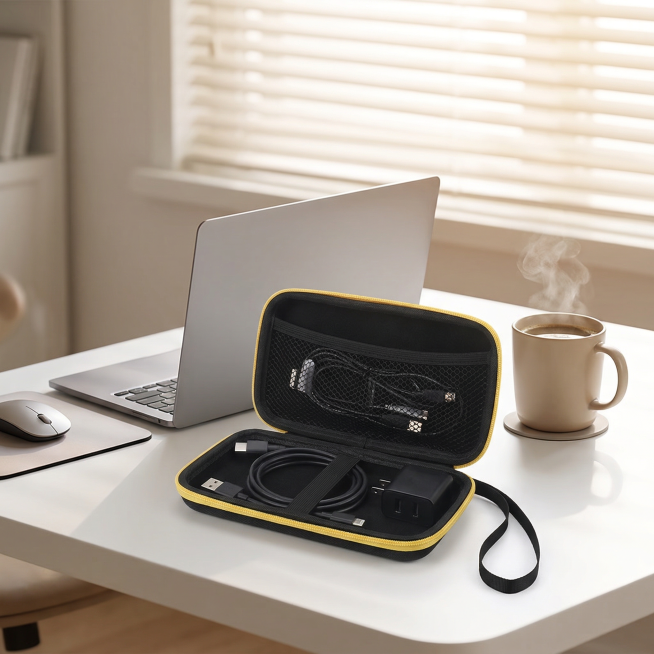 黑色便携收纳包摆放在白色办公桌面上，旁边是笔记本电脑、无线鼠标和一杯热咖啡，柔和的自然光透过百叶窗洒入，突出日常办公数码收纳的整洁与便捷，保留原有收纳包的黑色外观、黄色拉链、内部网袋和固定绑带的设计预览效果
