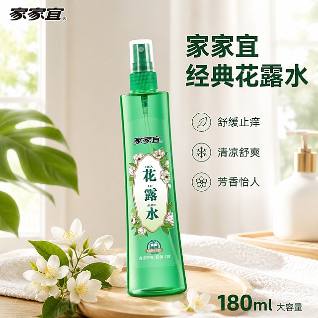 [主图-1] 家家宜经典原香花露水夏日场景首图。氛围风格：清新清爽夏日家居风，明亮自然；画质：商业摄影质感、光线柔和通透、产品清晰真实、画面干净高级；元素：绿色瓶身的花露水居中放置，瓶身斜立展示完整外观，背景为明亮干净的浅米色浴室/卧室角落，旁边搭配新鲜茉莉小花和浅绿色阔叶装饰，自然清新。保持家家宜花露水产品外观（即物理结构、材质质感、颜色）与输入产品图绝对一致，杜绝任何变形和色差，精细化处理。商品主体占比严格控制在65%左右；画面满屏无边框；左上角保留家家宜品牌Logo，提取自产品图保持原字形和配色，不遮挡主体。光影：明亮自然的窗边自然光，主光从侧面照射，瓶身通透有光泽，背景柔和明亮，阴影干净不突兀，整体通透不灰蒙。配色：主色调清新浅绿和米白，辅色茉莉白和浅木色，整体清爽干净。视角构图：平视视角，产品居中为视觉中心，景深中等，轮廓完整不裁切。文字版式：右上角大字文案"家家宜 经典花露水"，绿色粗体无衬线；下方三列卖点左对齐：第一列"舒缓止痒"，第二列"清凉舒爽"，第三列"芳香怡人"，小号深绿色字体；底部标注"180ml"大容量，深绿色加粗。输出要求：1:1比例，文字清晰锐利，超高清商业摄影质感。负向提示词：变形，文字错乱，产品图模糊，背景杂乱，水印，电商平台Logo。