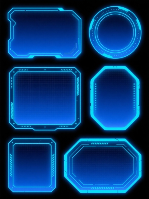 赛博朋克风格的蓝色发光科技感界面元素集合，包含多种几何形状的半透明蓝色面板与边框，矩形、椭圆形和圆形的框架设计，边缘有发光的蓝色线条和点状装饰，内部为深蓝色带有细微网格纹理的背景，整体在纯黑色背景上呈现出强烈的未来科技感与数字界面美学，元素排列整齐有序，具有统一的蓝色系渐变光效和科技感细节装饰。预览效果