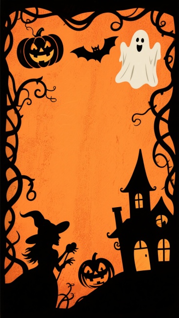 橙色复古纹理背景，边缘装饰有黑色剪影风格的万圣节元素，包括咧嘴笑的南瓜灯、幽灵、蝙蝠、女巫、尖顶鬼屋和扭曲的藤蔓，整体呈现出节日的诡异与欢快氛围，适合作为节日海报或背景使用预览效果