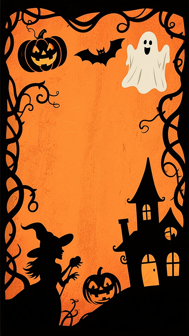橙色复古纹理背景，边缘装饰有黑色剪影风格的万圣节元素，包括咧嘴笑的南瓜灯、幽灵、蝙蝠、女巫、尖顶鬼屋和扭曲的藤蔓，整体呈现出节日的诡异与欢快氛围，适合作为节日海报或背景使用