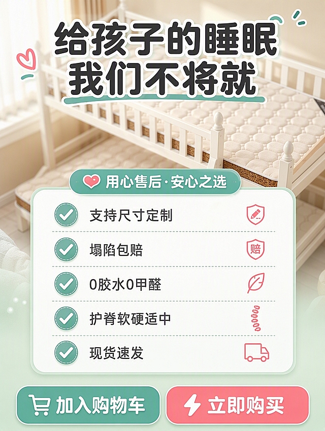 [商品] 基于【图2】儿童护脊椰棕床垫上下铺主图，生成售后收尾页；保留白色上下铺床架、米白绗缝床垫、椰棕侧边材质；产品作为背景虚化处理，前景突出售后承诺和行动按钮；不改变床垫颜色和结构。
[画面] 页面目标：底部收尾+售后承诺，促使用户下单。上下构图，上方大标题+产品背景占40%，中部售后承诺列表占40%，底部双按钮行动号召占20%。阅读动线从上到下，层层递进引导转化。
[视觉] 套系策略：风格=温馨清新国内电商母婴风；标题字=圆润粗黑体；正文字=简洁无衬线体；主色=薄荷绿+米白；背景延展=基于薄荷绿做深浅渐变、柔和光晕与细腻织物质感；强调色=珊瑚粉，仅用于小面积图标、对勾和标签；标题色=深炭灰；正文色=中暖灰；组件=圆角信息卡、软萌图标、柔和阴影；光影=顶部暖柔光，整体明亮通透。
[文字] 顶部大标题「给孩子的睡眠 我们不将就」。中间5条带绿色对勾的售后承诺：✅ 支持尺寸定制 ✅ 塌陷包赔 ✅ 0胶水0甲醛 ✅ 护脊软硬适中 ✅ 现货速发。底部两个圆角大按钮：左侧「加入购物车」（薄荷绿底白字），右侧「立即购买」（珊瑚粉底白字）。文字全部横向排版。
[规格] 图片比例3:4竖版，4K分辨率，避免变形、错字、文字过小、冷蓝灰背景、颜色失真、绝对化用语、二维码、第三方平台标识。