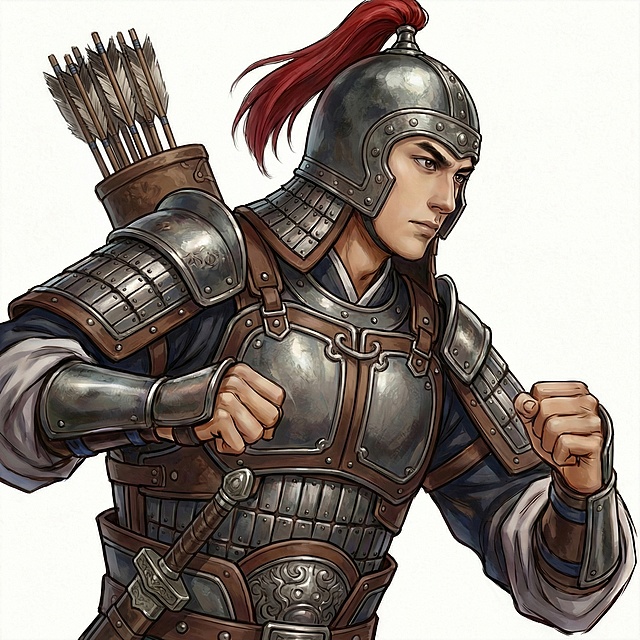 去掉头盔上的鸟造型的装饰，背后增加箭袋，腰间挂一把剑