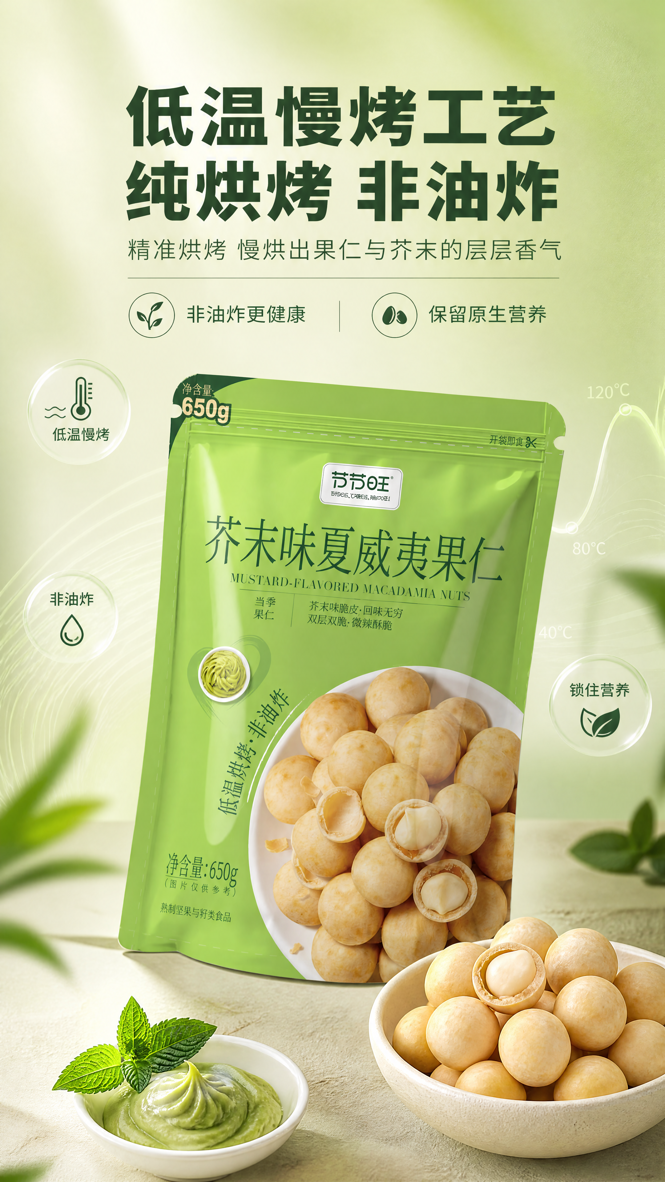 [商品] 使用【图1】节节旺芥末味夏威夷果仁绿色外袋包装；保留… - 图片创意预览