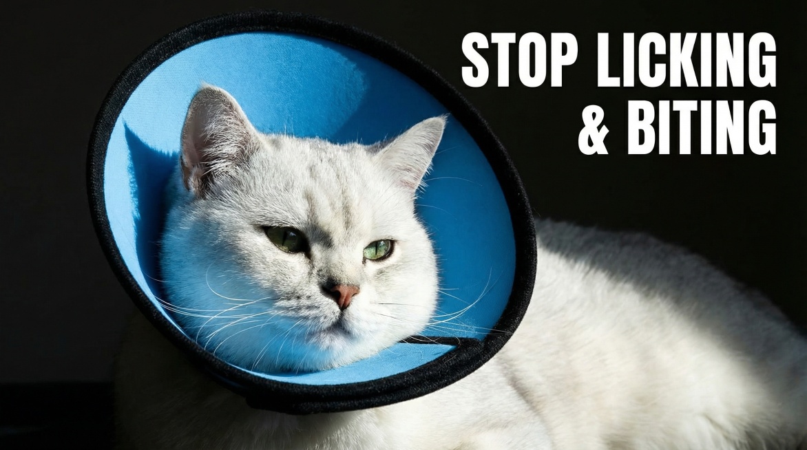 A white cat wearing a blue soft protective cone collar, dramatic lighting, high contrast, bold text预览效果