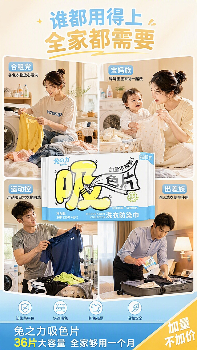 详情页适用场景页，兔之力吸色片适用人群与场景。使用产品图作为产品主体，保持包装外观一致。温馨生活场景拼贴风格，四格场景展示，暖色调家庭氛围。画面四宫格布局：左上格年轻女生合租洗衣机场景，各色衣服混洗；右上格母婴家庭，妈妈和宝宝衣服一起洗；左下格运动达人，运动服和日常衣物同洗；右下格差旅人士，酒店洗衣便携使用。中央偏下位置放产品包装，叠加在四格之上。每格场景自然光，温馨明亮，产品区域单独打光突出。全局底色暖白渐变，主色天蓝、暖黄，辅助色米色、浅棕。四宫格拼贴加中央产品叠加，阅读动线从四格场景到中央产品。顶部大标题谁都用得上 全家都需要，每格配小标签：合租党、宝妈族、运动控、出差族；底部蓝色信息条写兔之力吸色片 36片大容量 全家够用一个月；右下角加量不加价角标。竖版9比16，4K高清，文字清晰。