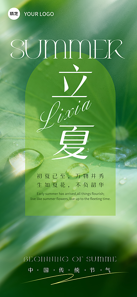 立夏实景感荷叶水珠近景模糊背景全屏竖版海报