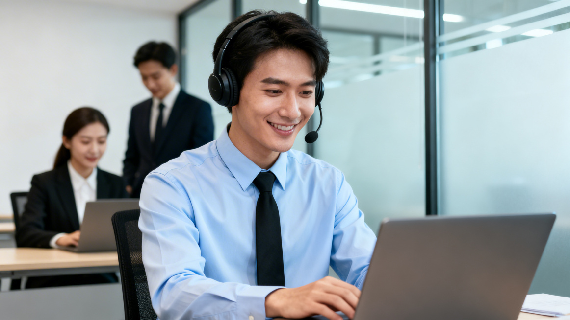 Professional customer service team office scene, a handsome young male agent in the foreground, ligh预览效果