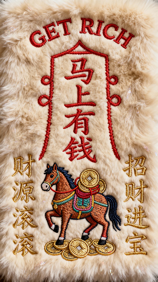 刺绣风国潮设计，融合中式吉祥语“马上有钱”与招财马元素，重拟物手法呈现金币、毛绒质感，喜庆民族感十足，节日氛围浓厚。