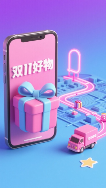 软蓝色和紫色渐变背景，左边是一部逼真的智能手机，屏幕上显示一个打开粉红色的礼盒，上面装饰着一条光滑的浅蓝色大丝带和蝴蝶结，还有中文文字“双11好物”用白色，俏皮的字体。在右边，描绘了一条发光的粉红色霓预览效果