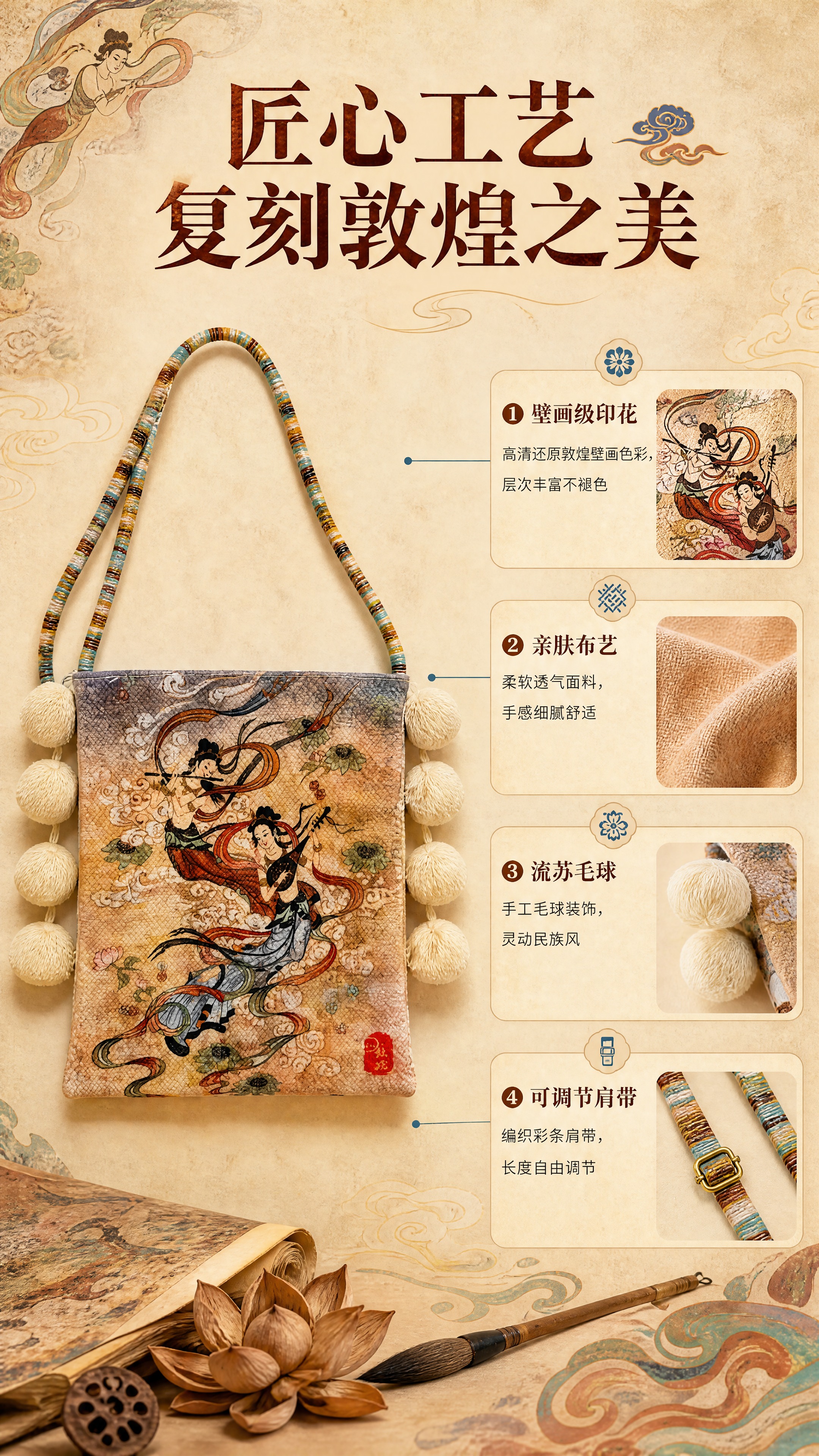 [商品] 使用【图1】飞天乐伎款敦煌布艺斜挎包；保留方形包型、… - 图片创意预览